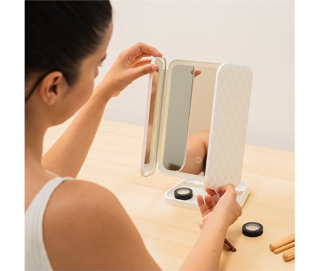 Espejo de Maquillaje Tríptico Recargable con Aumento y Luz LED Blanco