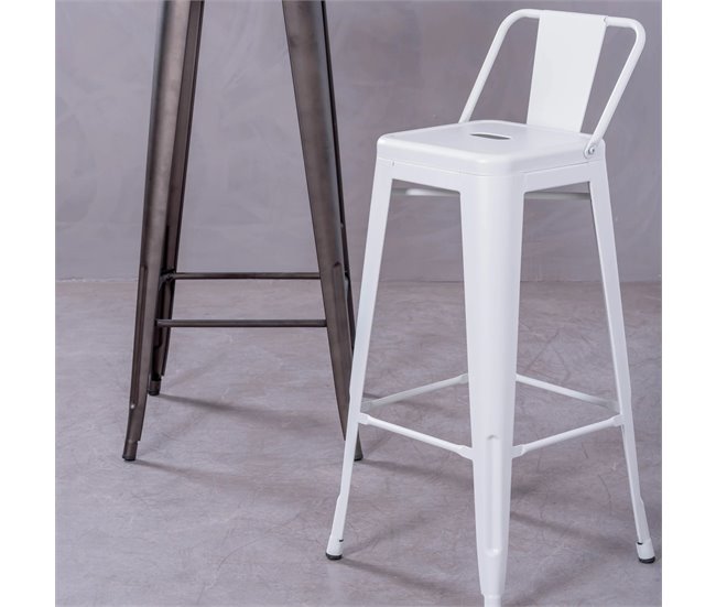Taburete metálico industrial con respaldo bajo  - Bistro Blanco
