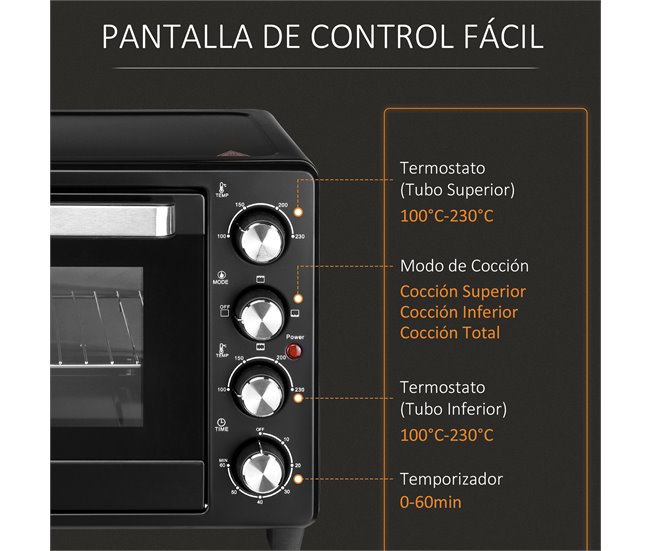 Horno Eléctrico Metal, Acero Inoxidable y Vidrio Templado HOMCOM Negro