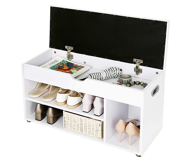 Banco de zapatos con 3 compartimentos y 1 espacio de almacenamiento con asiento cómodo - H44 cm Blanco