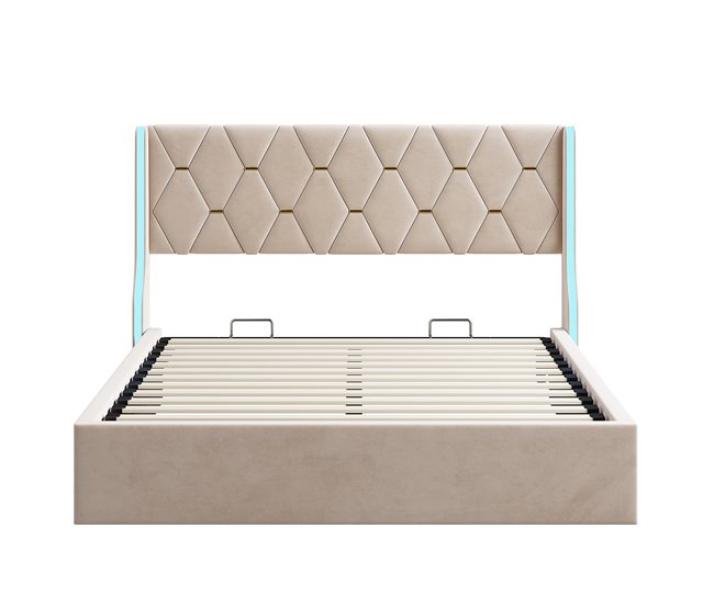 Cama estofada, LED, espaço de armazenamento Beige