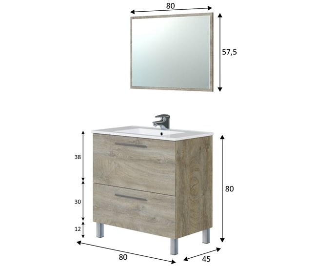 Mueble baño Luis 1 cajón 1 puerta, espejo y lavabo, Alaska Madera