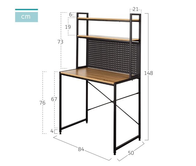Max Home Escritorio con estantería y tablero perforado madera y acero Negro/ Madera