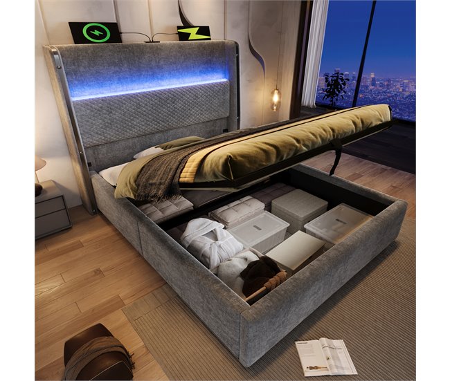 Cama con almacenaje de lino Gris