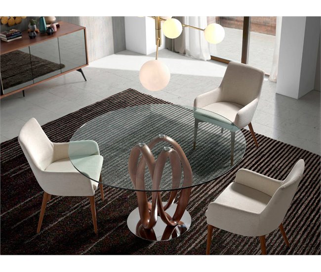 ANGEL CERDA Mesa comedor redonda cristal templado y nogal 130x130 Nogal