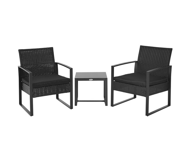 Set Jardín Outsunny 3 Piezas - Mesa Y 2 Sillas Con Cojines, Ratán PE Y Acero, Gris Y Crema