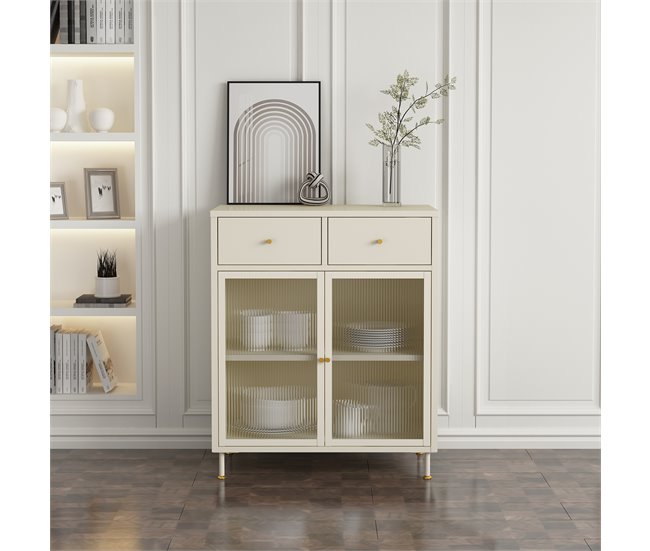 Aparador Lindau con 2 cajones puerta de cristal [en.casa] Crema