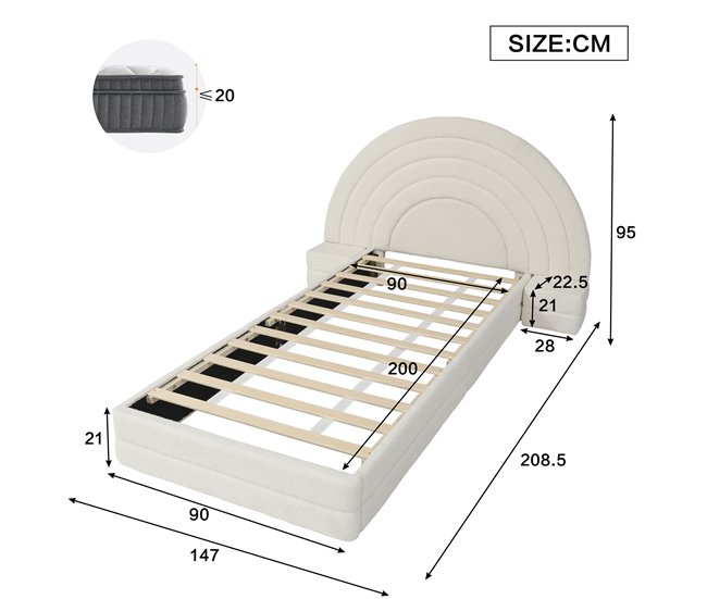 Cama individual de terciopelo Beige