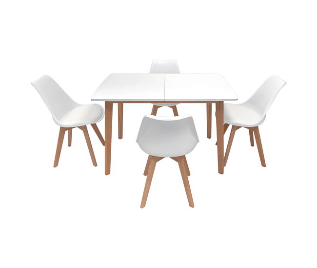 Mesa extensible Helga 120, 4 sillas Nora Blanco