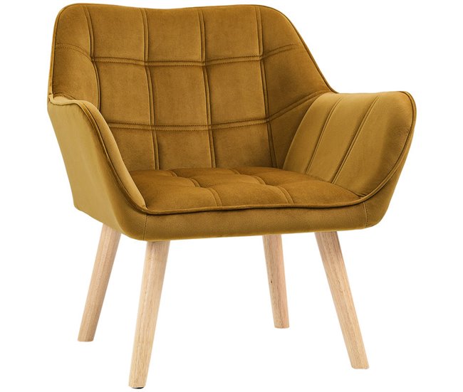 Butaca de Salón Terciopelo, Madera de Caucho HOMCOM Amarillo