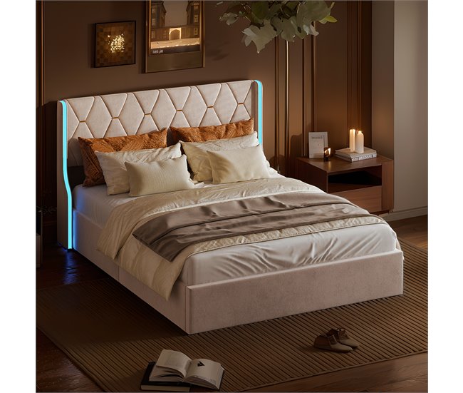 Cama estofada, LED, espaço de armazenamento Beige