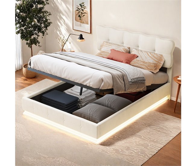 Cama, LED, cama con muelles, cama doble, cama funcional 146x204 Beige