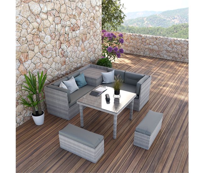 Set rinconera SEMINYAC III con mesa y puffs marrón Marron