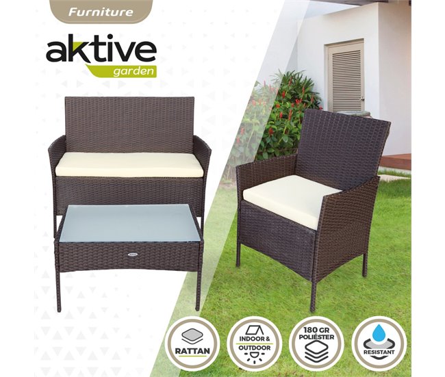 Conjunto muebles terraza sillones, sofá y mesa ratán Aktive Negro