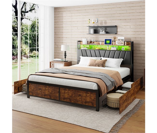 Cama de metal, USB, LED, 4 cajones 160x217 Multicolor