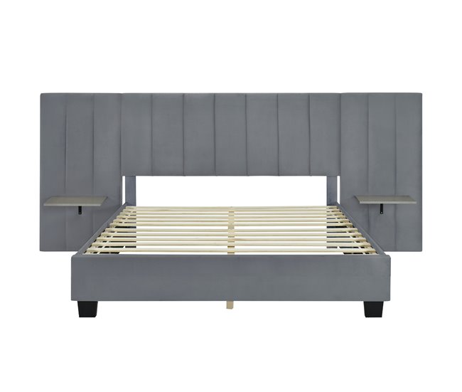 Conforama Cama tapizada 160 x 200 cm - con cabecero y respaldo ampliados - estantes a ambos lados del cabecero - tela de terciopelo - Gris