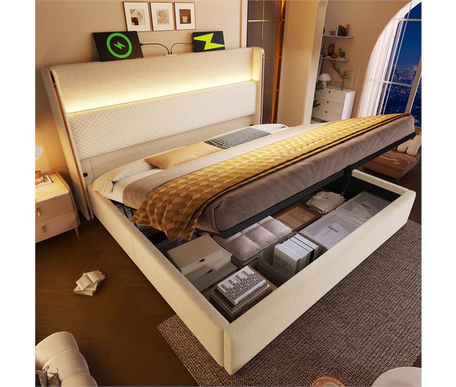 Cama con almacenaje de lino 173x221 Beige