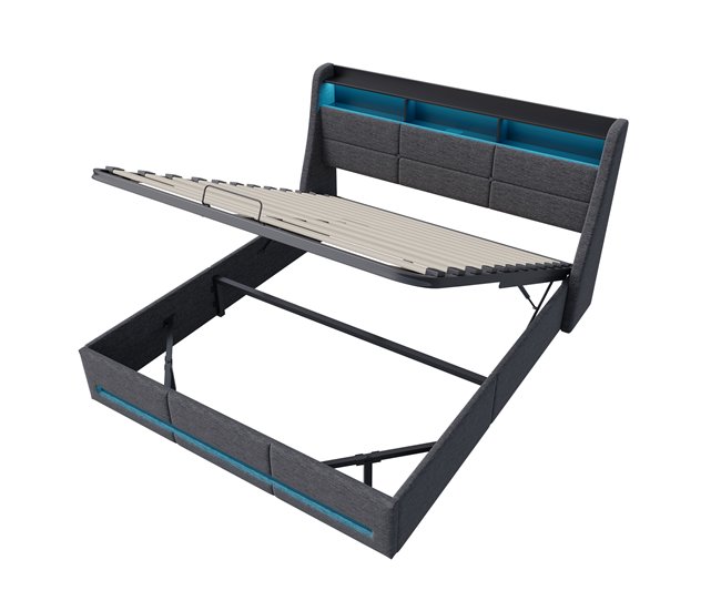 Cama baúl con somier, cama baúl conerto USB tipo C, iluminación LED 152x202 Gris