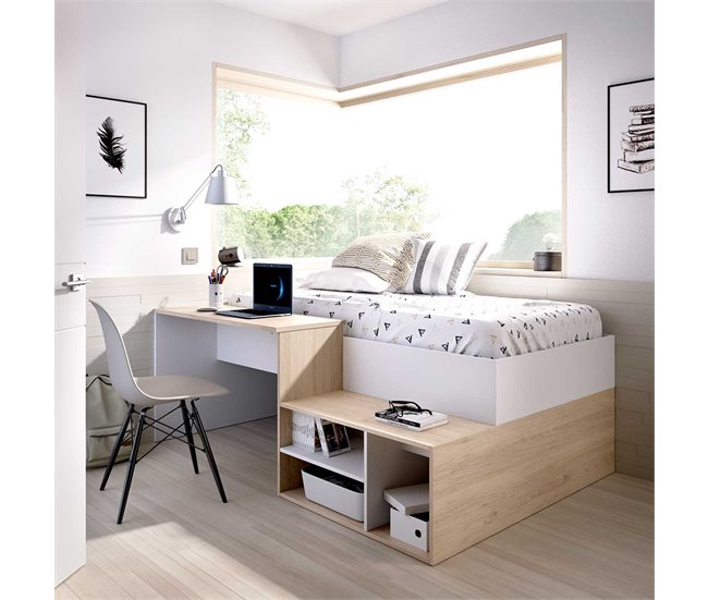 Cama Compacta Con Escritorio Kric Natural/ Blanco