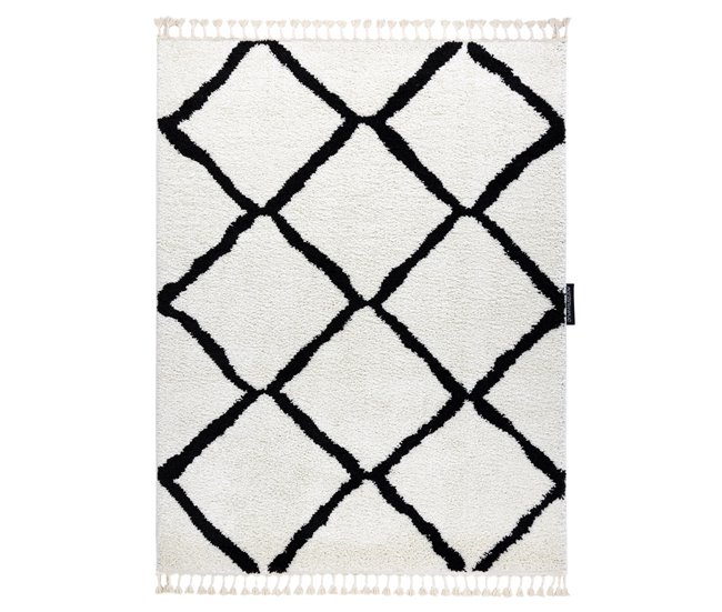 Alfombra BERBER Cuadriculado Franjas Bereber Marroquí Shaggy 80x150 Blanco/ Gris