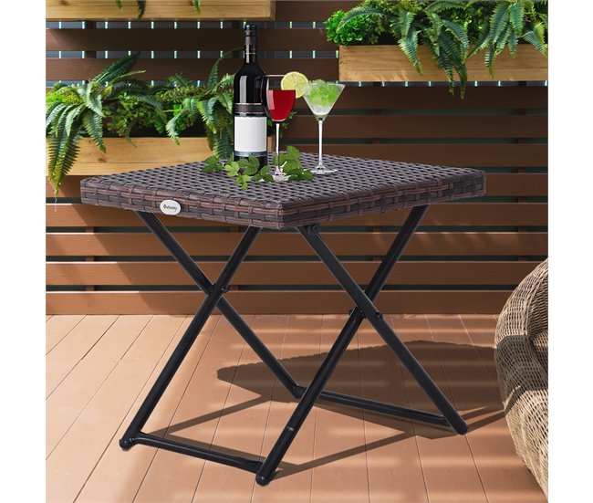 Mesa Cuadrada Plegable Ratán PE, Acero Outsunny 40x40 Marron