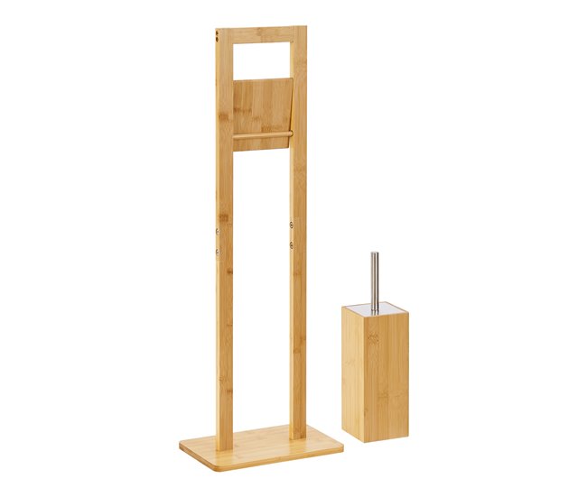 Escobillero de pie con portarrollos Västerås con escobilla bambú Gris/natural