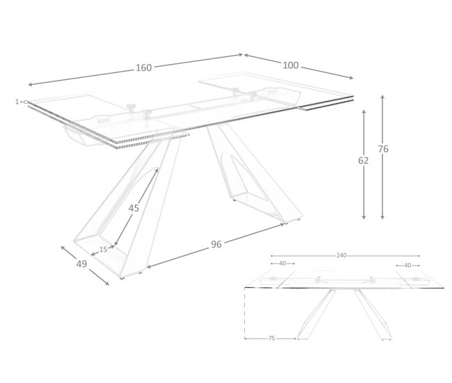 ANGEL CERDA Mesa comedor extensible rectangular cristal templado y acero gris taupé 240x100 Transparente