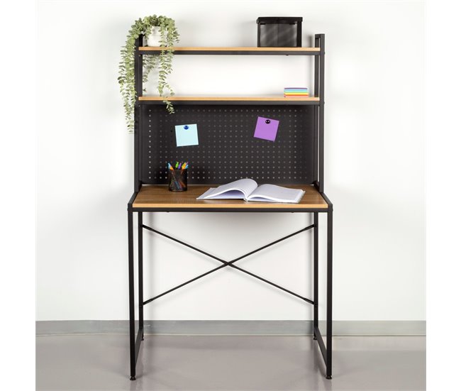 Max Home Escritorio con estantería y tablero perforado madera y acero Negro/ Madera
