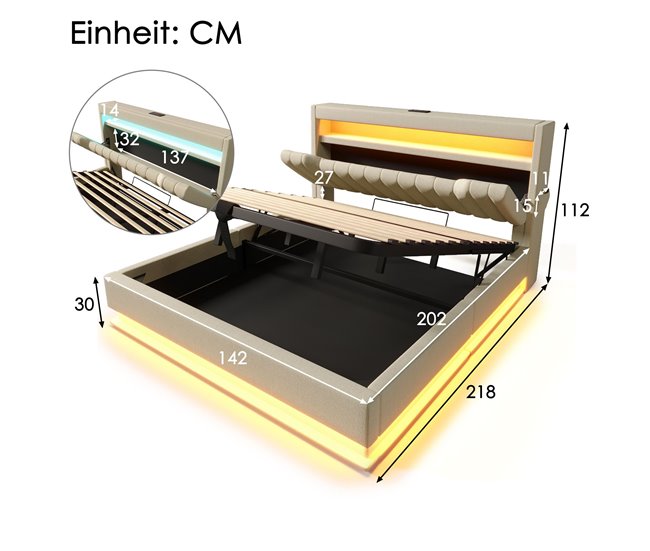 Cama de matrimonio de lino con almacenaje 142x218 Beige