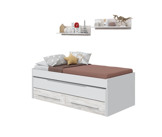 Cama juvenil doble DUO con 2 cajones y 2 estanterias Blanco