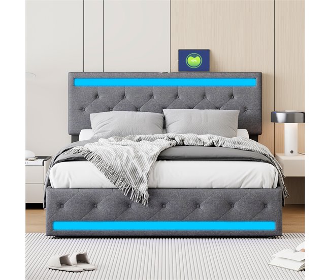 Cama tapizada, LED, 4 cajones, USB 186x210 Gris