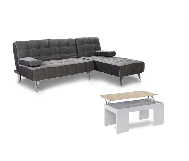 Sofa Cama Chaise Longue + Mesa de Centro Elevable Gris Oscuro