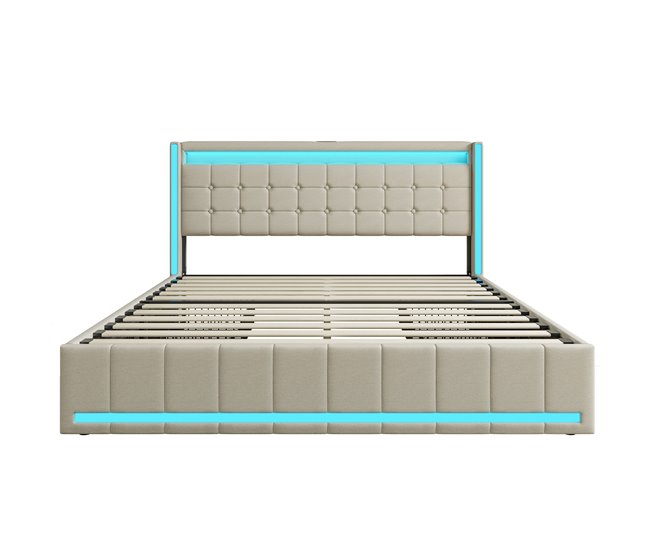 Cama, USB, cabecero LED, cama para adolescentes 148x213 Beige