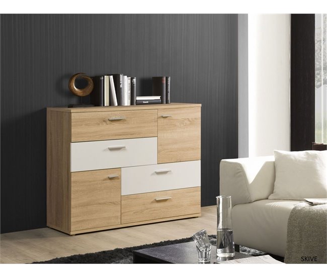Aparador 2 puertas 4 cajones SKIVE Blanco/ Madera