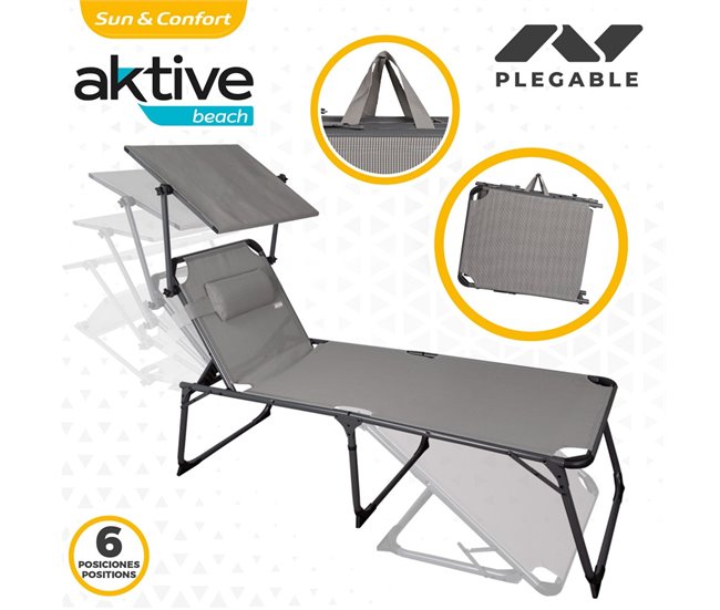 Tumbona plegable con parasol y cojín Aktive Gris