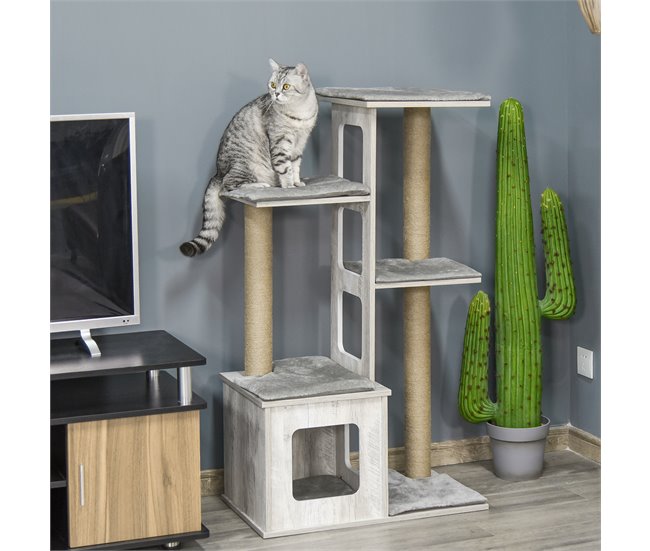 Árbol para Gatos Aglomerado de Madera, Felpa y Yute PawHut Gris