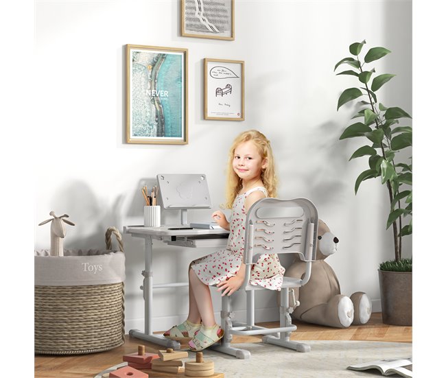 Pupitre Infantil PP, MDF, Acero ZONEKIZ 49x80 Gris