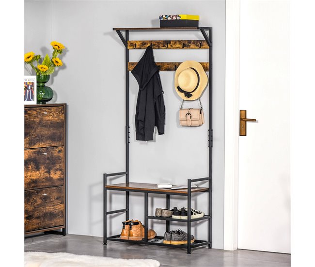 Perchero de Pie con Zapatero Melamina de Madera, Metal HOMCOM Negro