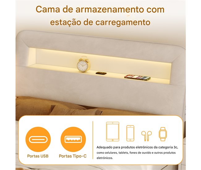 Cama tapizada, LED, USB, 2 cajones Beige