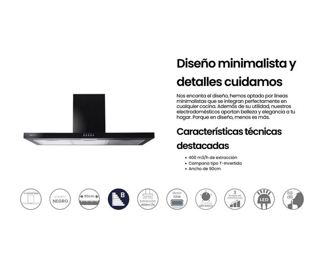 INFINITON Campana de Pared CMPT-TSH9B63N, 400 m3/h, T-Invertida Negro