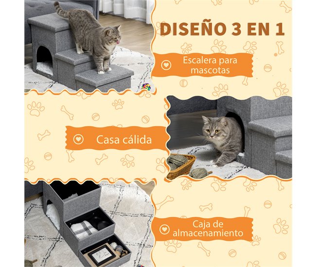 Escalera para Mascotas MDF, Lino sintético, Felpa, Algodón PP Gris