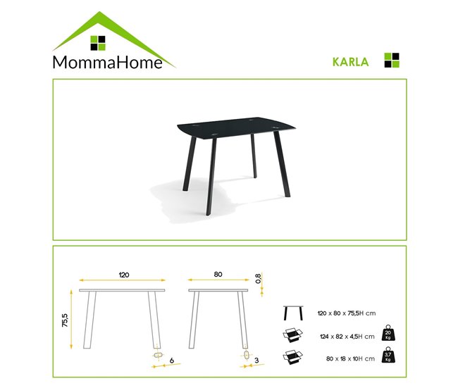 Mesa de Cocina Rectangular Fija - Modelo KARLA 80x120 Negro