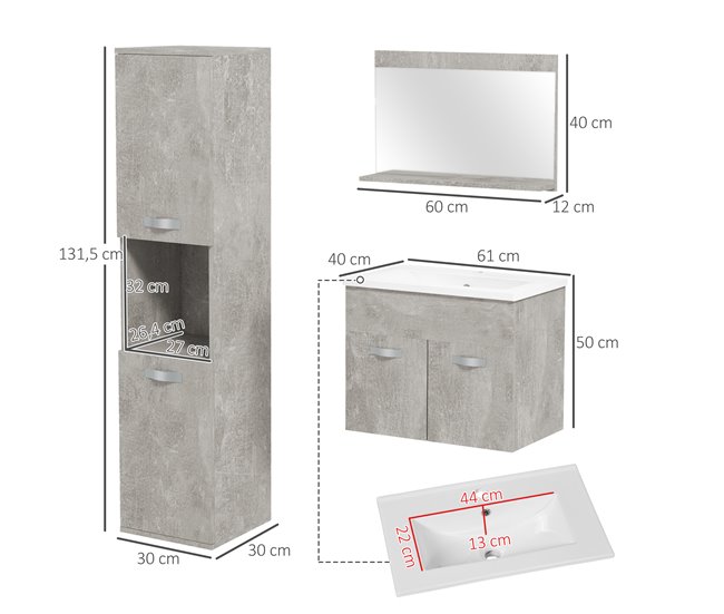 Conjunto de Muebles de Baño Melamina de Madera, Cerámica, Vidrio Gris