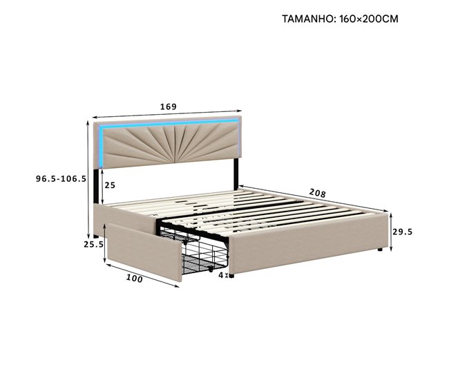 Cama con cabecero LED y 4 cajones de almacenaje Beige