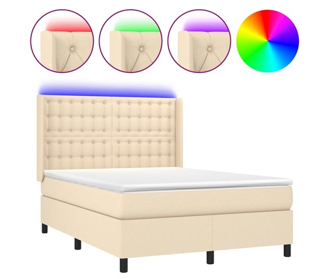 Conforama Cama box spring colchón y luces LED tela crema 140x190 cm Botones