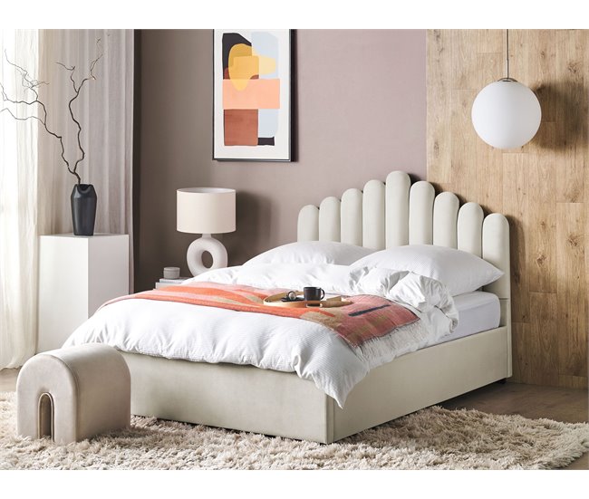 Beliani Cama con almacenaje Terciopelo VINCENNES 147x214 Blanco/ Beige