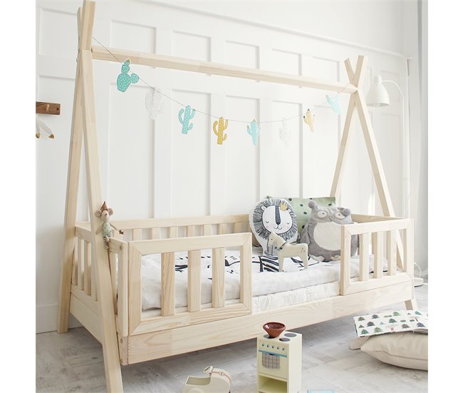 Cama cabaña con barandilla y somier patas de Thaïs Madera