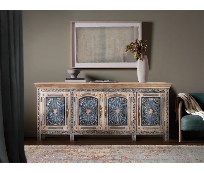 Aparador de teca tallada en dos tonos Azul