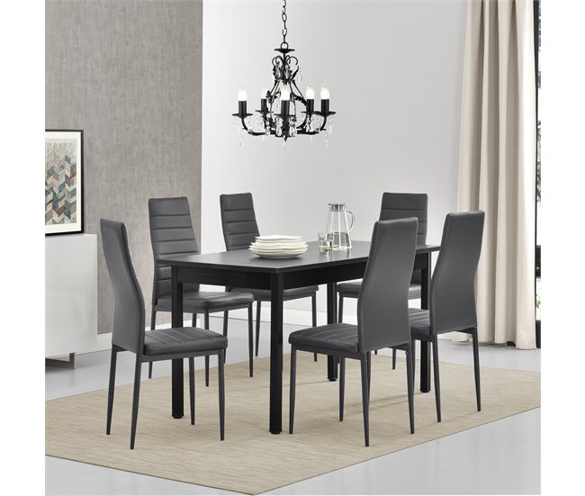 Mesa de comedor con 6 sillas Bjerkvik MDF hierro polipiel 140x60 Negro/ Gris