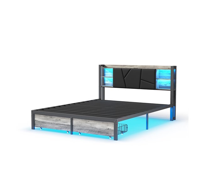 Cama doble con USB, 2 cajones, cabecero PU y LED Negro